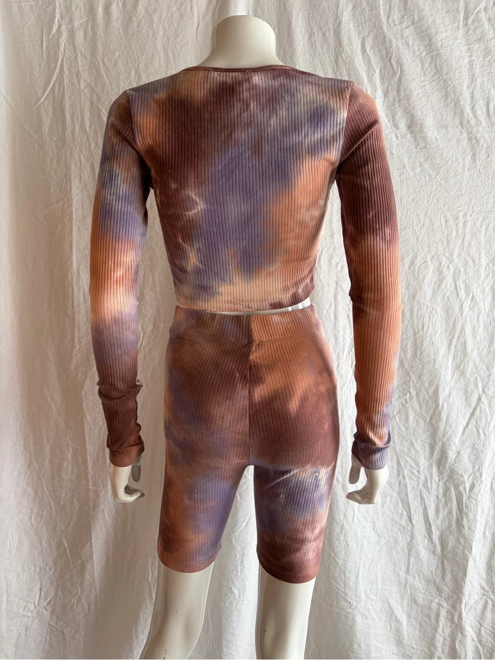 Tic Toc Tie-Dye Ribbed Lace-Up Crop Top & Biker Shorts Set - Purple Brown